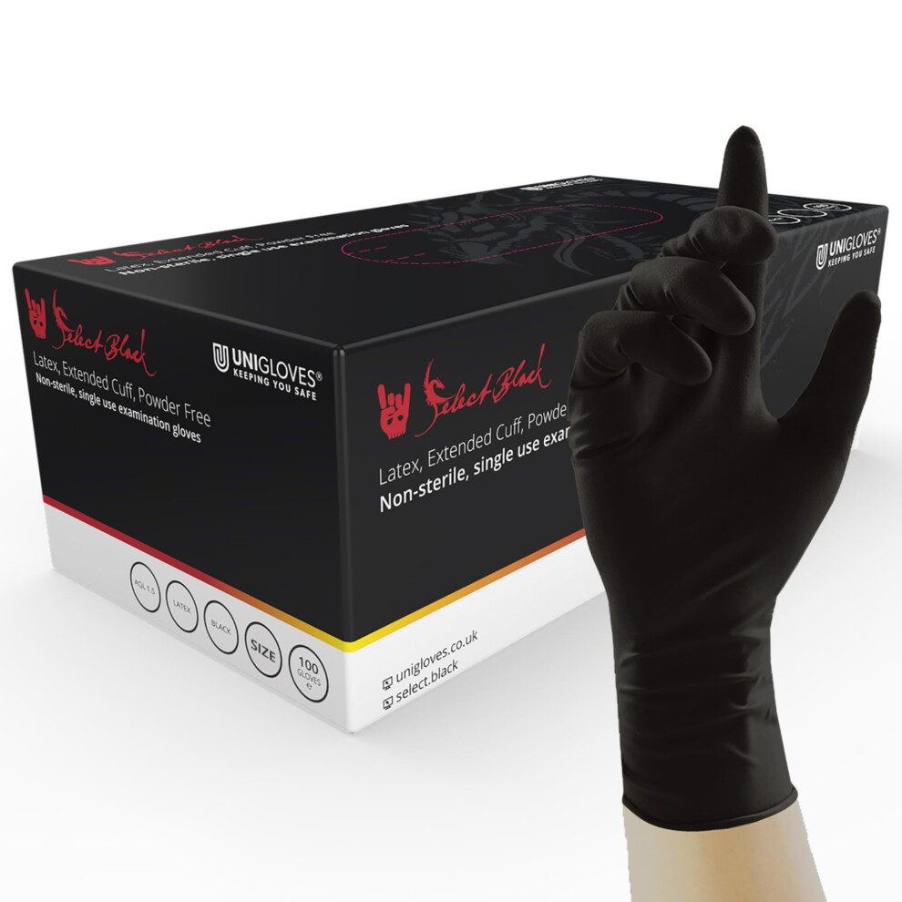 Unigloves Black Select Latex Extended Cuff Gt0012 Single Use - Multipurpose, Powder Free Disposable Gloves, Optimised For Tattoo Artists, Box Of 100