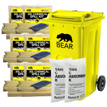 240L Spill Kits (240L, Chemical) UK Manufactured, Yellow, With 240L Wheeled Yellow Bin, 2x 30L Organic Flame Retardant Compound Granules, 6x30L Chemi