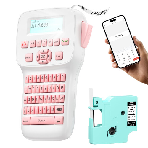 EazeID Pink Label Maker Machine Rechargeable, Handheld Label Printer with Keyboard, Bluetooth Labeling Machine LM1600, Backlit Display, Multiple Symb