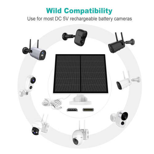 5W Solar Panel for Security Camera, Solar Panel for DC 5V Outdoor Rechargeable Battery Camera, Solar Charger for Camera with Micro USB Port, USB-C Ad 1