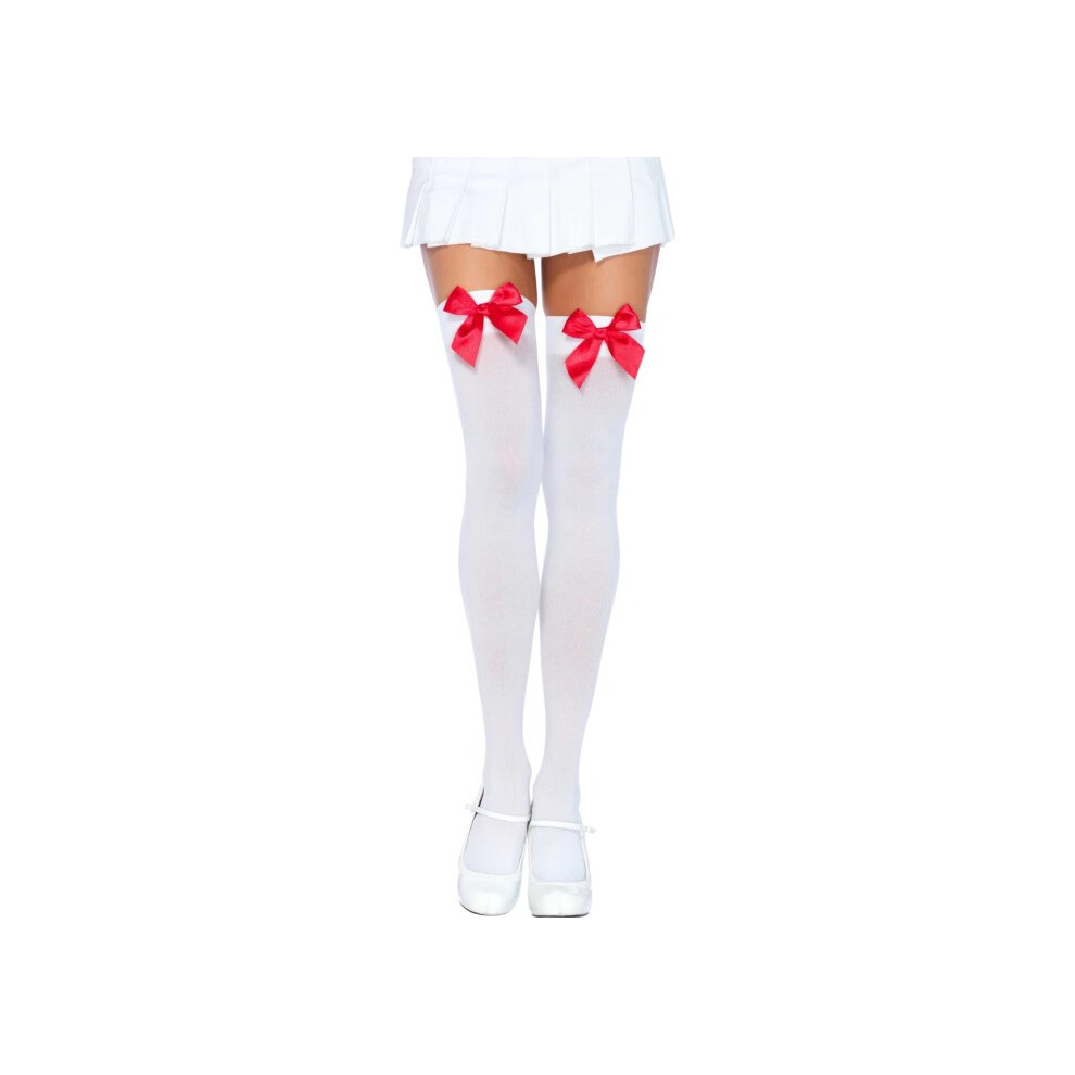 Leg Avenue White,Red White Nylon Thigh High Stockings With Red Bow