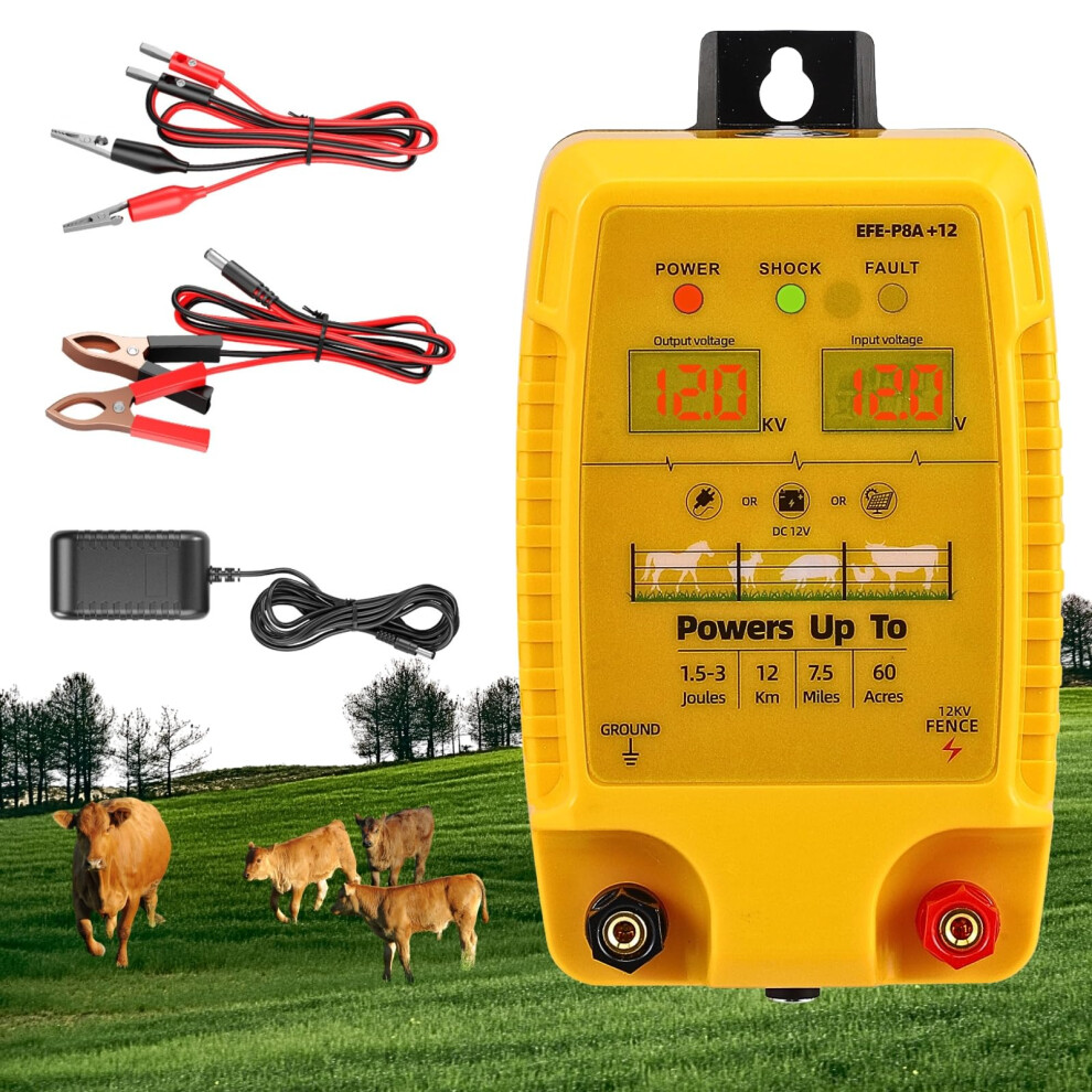 Trsaow 12V Electric Fence Energiser 1.5-3J Output 12 Kv Peak, 7.5Miles Range Dual Digital Display Electric Fence Charger Powered By 12V Battery/ Ac/ 30654648