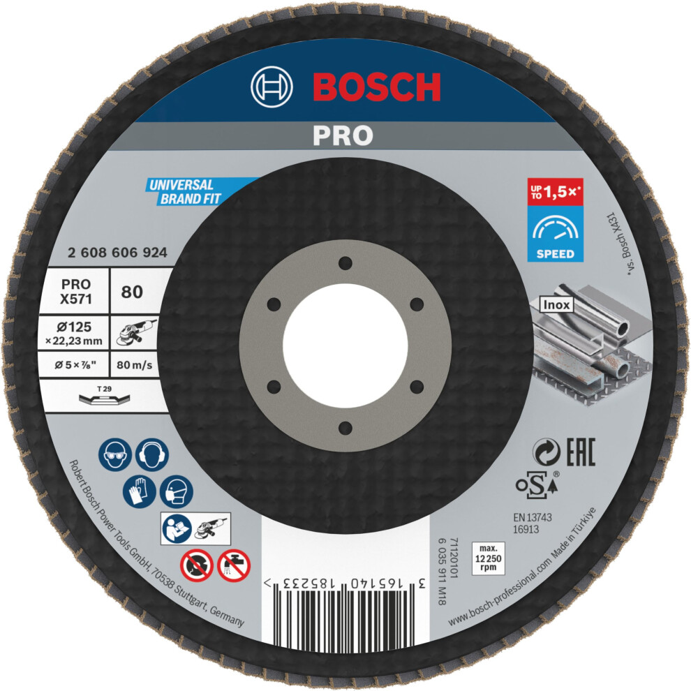 Bosch 1X Pro Metal X571 Flap Disc Angled Version Fiber For Small Angle Grinders (For Steel, Stainless Steel, Ø 125 Mm, Grit 80, Professional Accessor