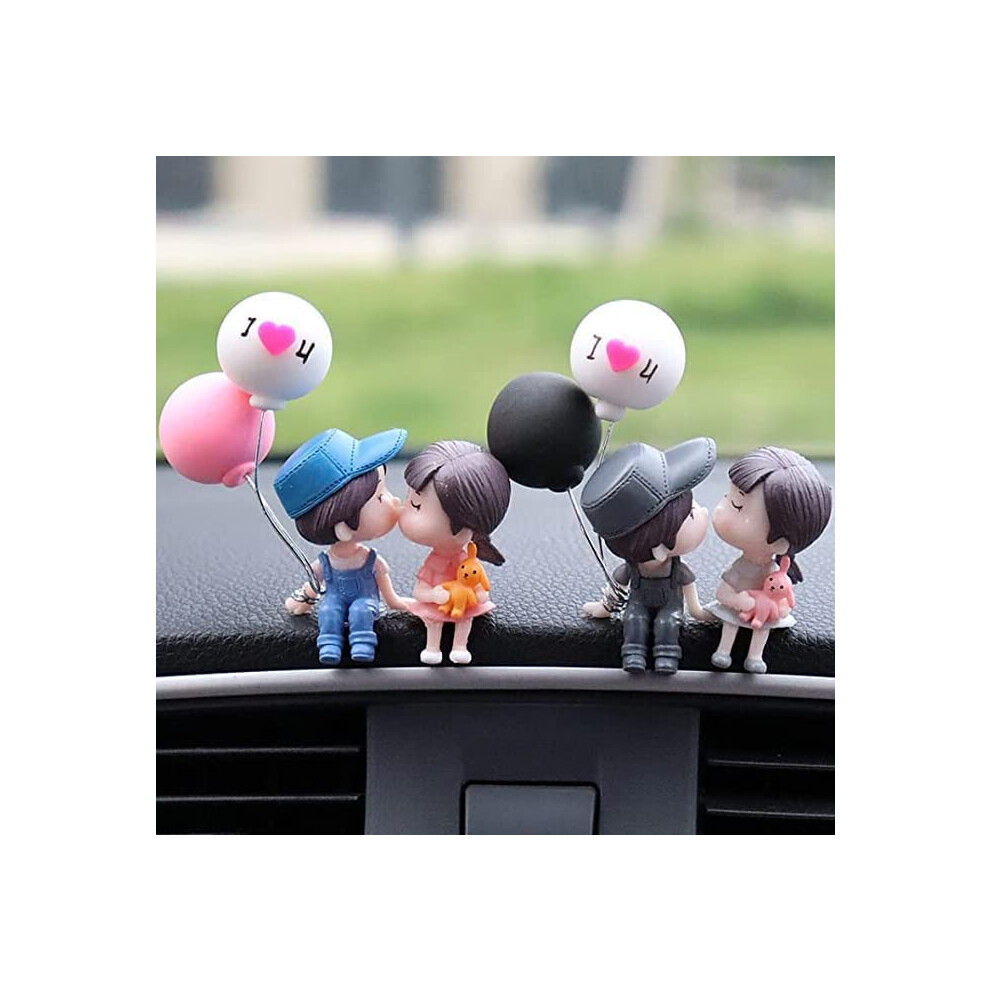 Cute Car Dashboard Ornament Cartoon Couple Bobblehead Resin Figurine With And Balloon Pink/Green 9113335618046