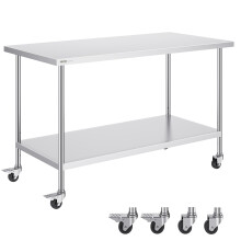 VEVOR Stainless Steel Work Table 30 x 60 x 38 Inch, with 4 Wheels, 3 Adjustable Height Levels, Heavy Duty Food Prep Worktable for Commercial Kitchen