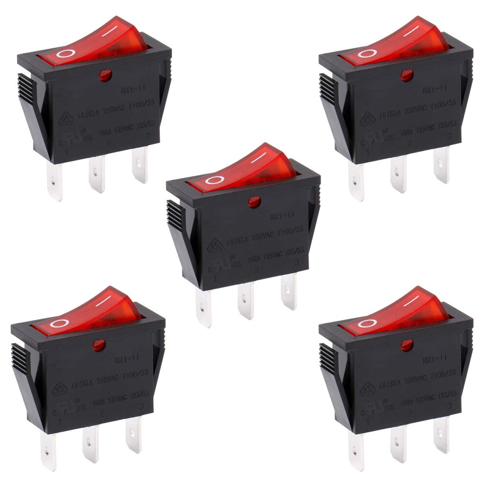 Heschen Rocker Switch On-Off Spst 3 Terminals Red Light 16A 250Vac 5Pack 93872447
