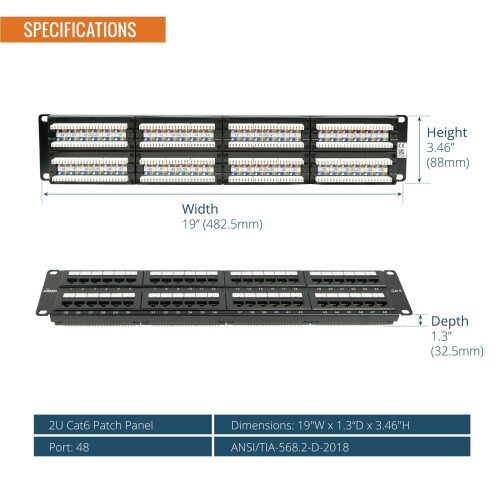 Tecmojo Cat6 48 Port Patch Panel, 19'' Network Patch Panel for Network Switch, 19inch Server Racks and Network Cabinets, 10G Support, Rack Mount, Wit 2