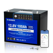 DCHOUSE 12V 100Ah LiFePO4 Trolling Motors Battery with SOC Status Indicators, Bluetooth & Low Temp Cut-Off, 100A Smart BMS, Up to 15000 Cycles for Ca