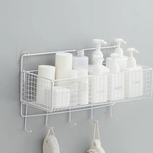 Wall Mounted Storage Basket White Rust Resistant Bathroom Organizer No Drill Space Saving Shelf 1