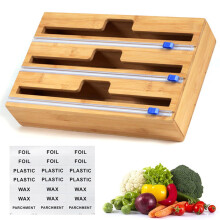 BERRYLION 3 in 1 Wrap Dispenser with Cutter, Plastic Wrap, Aluminum Foil and Wax Paper Dispenser for Kitchen Drawer, Bamboo Roll Organizer Holder, 13