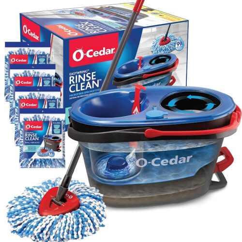 O-Cedar RinseClean Microfiber Spin Mop & Bucket Floor Cleaning System with 4 Extra Mop Head Replacements