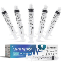 5 ml Syringe without Needle - 5 Pack of Individually Wrapped Disposable Syringes - Good for Medical, Scientific Lab, Home Use, and More - Sterile Lue