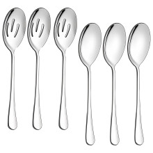 SULIVES 6-Piece Stainless Steel Serving Spoons Set - 3 Large Serving Spoons & 3 Slotted Spoons - Buffet, Party, Banquet, and Kitchen Utensils - Silve