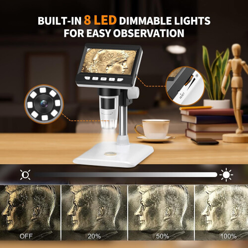 Digital USB Microscope, Misilmp 4.3" Screen 1000X Handheld Microscopes Camera Video Recorder, PC View, Adjustable Stand, Rechargeable Battery, 8 LED 2