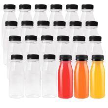PANTSLINE 24 Pack 200ml Clear Plastic Juice Bottles with Black Lids, Reusable Leak-Proof Empty Bottles for Smoothie, Milk, Homemade Drinks - Tamper E