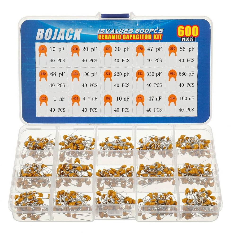 Bojack 15 Values 600Pcs Ceramic Capacitor Assortment Kit Capacitors From 10Pf To 100Nf In A Box 17570886