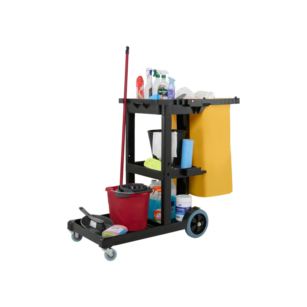 The Workplace Depot Economy Cleaning Cart - Lightweight Black Polythene Janitorial Trolley With Waste Bag, Shelves & Tool Holders For Professional Co 74271696