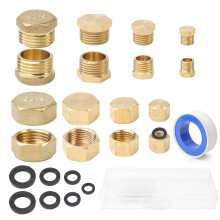 16Pcs Hex Brass Thread Plugs Set, 1/8" 1/4" 3/8" 1/2" Male and Female Brass Blanking Cap, Brass Pipe End Cap with Plumber's tape 8 Rubber Gaskets, Br
