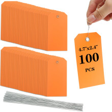 Pack of 100 Plastic Shipping Tags,with Wire Ties Plastic Hang Tags Durable, Waterproof, Blank, Writeable, Multi-Purpose Labels (Orange)