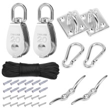 Belle Vous M20 Stainless Steel Crane Pulley Block - Lifting Crane Swivel Hook Single Hanging Wire Towing Wheel with Nylon Line Rope, Carabiner Clip &