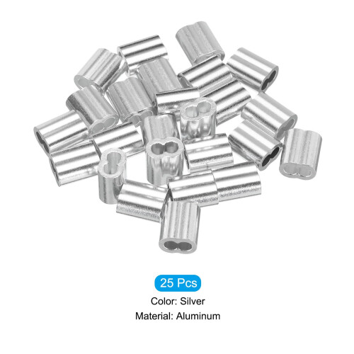 sourcing map 1/8" 3mm Aluminum Crimping Loop Sleeve Double Ferrule for Wire Rope Cable Line End, Silver 25pcs 2