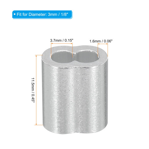 sourcing map 1/8" 3mm Aluminum Crimping Loop Sleeve Double Ferrule for Wire Rope Cable Line End, Silver 25pcs 1