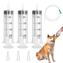 200ml No Needle Syringe, 3Pcs Plastic Liquid Measuring, Feeding With Tube Sealing Cap, Reusable Large Capacity, Individual Wrapped Disposable for Lab