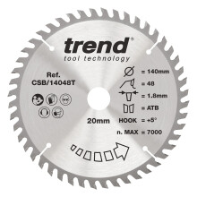 Trend Wood Cordless Circular Saw Blade, 140mm Diameter, 20mm Bore, 48 Teeth, 1.8mm Kerf, +5 Hook, TCT, Fine Finish, CSB/14048T