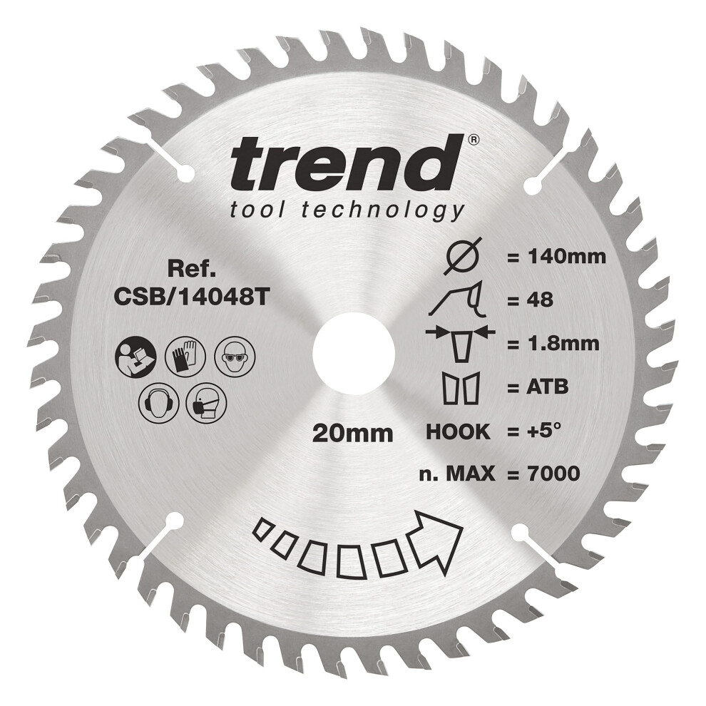 Trend Wood Cordless Circular Saw Blade, 140Mm Diameter, 20Mm Bore, 48 Teeth, 1.8Mm Kerf, +5 Hook, Tct, Fine Finish, Csb/14048T
