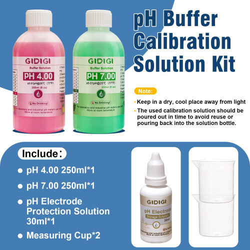 pH Meter Calibration Solution Kit, pH buffer liquids, Include pH 4.00, 7.00 and pH Electrode Protection Solution, pH calibration liquids 250ml*2, pH 1