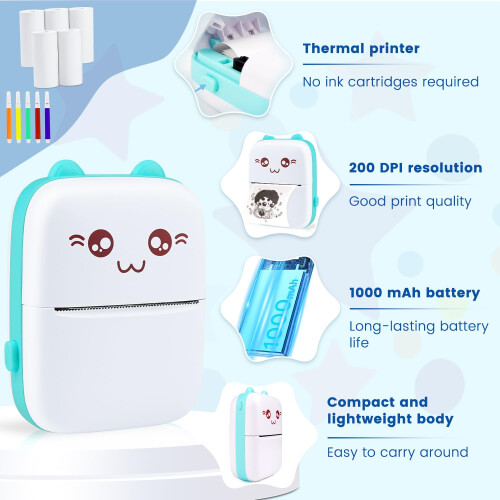 Bunnyboo Mini Thermal Printer, Bluetooth Labler Maker, Portable Label Printer, Mini Printer Compatible with Android and ios, Printable Photos, Lists, 1