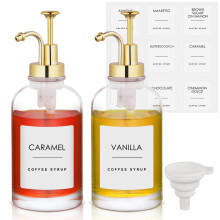 Ulrikco Coffee Syrup Dispenser Coffee Bar, Pump Dispenser w/ Gold Pump & 36 Labels, Glass Syrup Bottles Cinnamon, Vanilla, Caramel, Coffee Bar Access