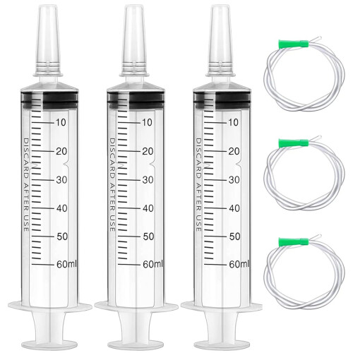 3 Pack Large Plastic Measuring Syringe, 60ml with Cap, Individually Packaged for Fluid, Scientific Labs