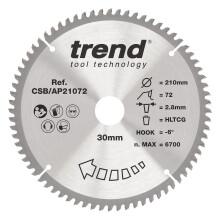 Trend Aluminium & Plastic Circular Saw Blade, 210mm Diameter, 30mm Bore, 72 Teeth, 2.8mm Kerf, -6 Hook, TCT, Extra-Fine Finish, CSB/AP21072