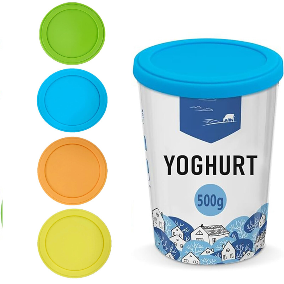 Yfelomatric Set Of 4 Multi-Colored Silicone Yoghurt Lids, Reusable, Compatible With 500G Jars, Airtight, Dishwasher Safe