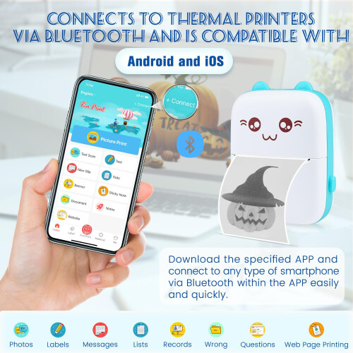 Bunnyboo Mini Thermal Printer, Bluetooth Labler Maker, Portable Label Printer, Mini Printer Compatible with Android and ios, Printable Photos, Lists, 2