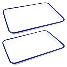 Axincardarm 2 Pack Enamel Baking Tray 38 x 28cm Enamel Bake Pan White with Blue Rim Enamels Roasting Baking Trays, Rectangular Enamelware Cookware fo