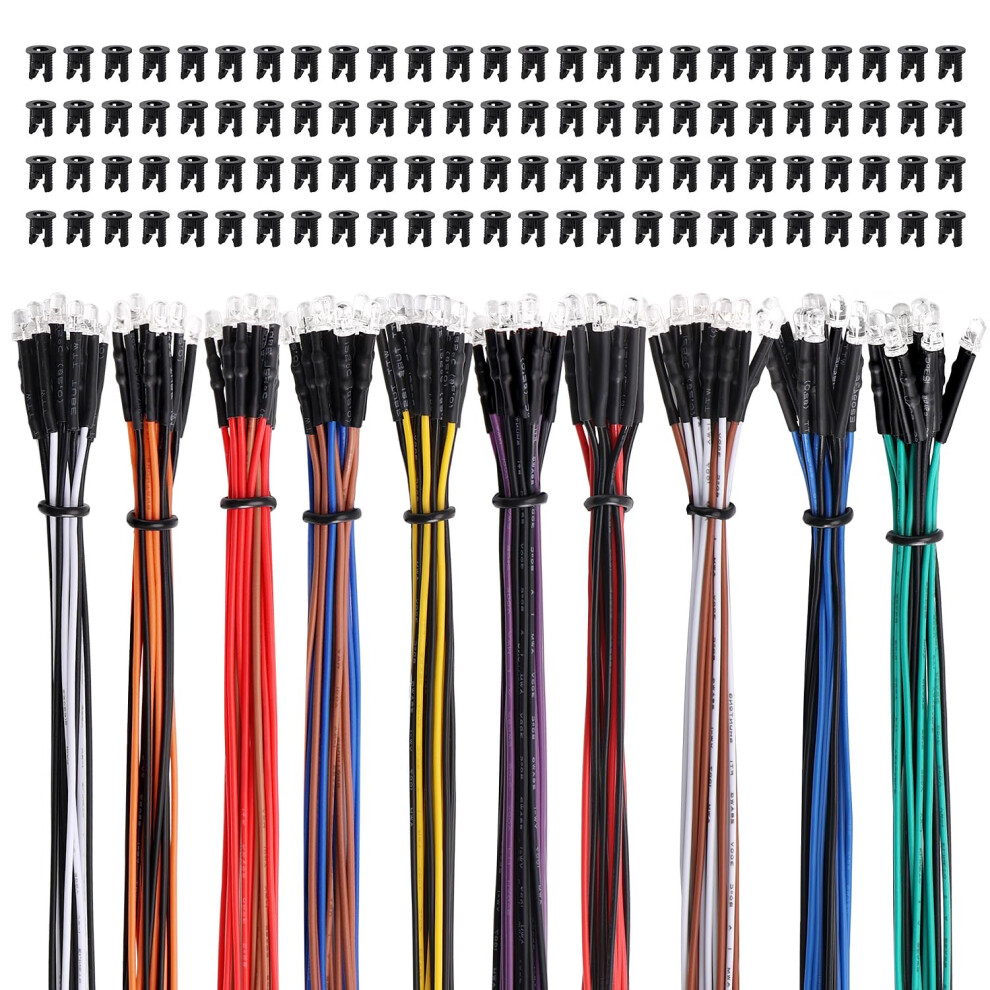 Lyeteung 100 Pcs 3Mm 12V Prewired Led Diodes Light, 10 Color, 20Cm Prewired Led Light Emitting Diode + 100 Pcs 3Mm Plastic Holder 48272735