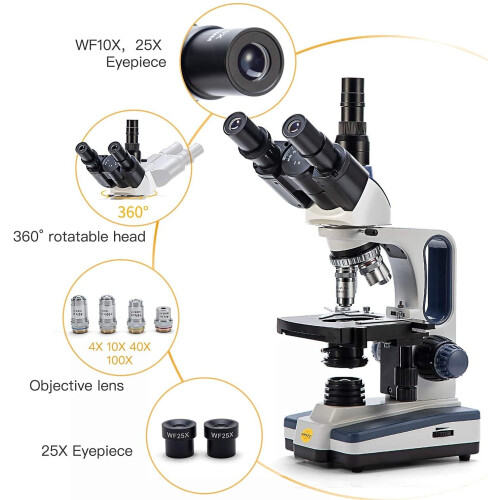 Swift Swift SW350T Compound Trinocular Microscope,40X-2500X Magnification,Two-Layer Mechanical Stage,with 5.0 mp Camera and Software Windows/Mac Compatible 1