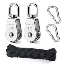 TooTaci 15mm Small Crane Pulley Block Set, Include 2pcs Stainless Steel M15 Single Pulley Wheel Lifting Swivel Pulley Wheel,20M/4mm Nylon Pulley Line