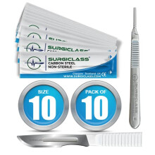 Scalpel Blades # 10 Carbon Steel Non Sterile Scalpel Surgical Blades Pack of 10 and Steel Handle for Wood Art, Surgical, Sculpting, Repairs, Lab Anat