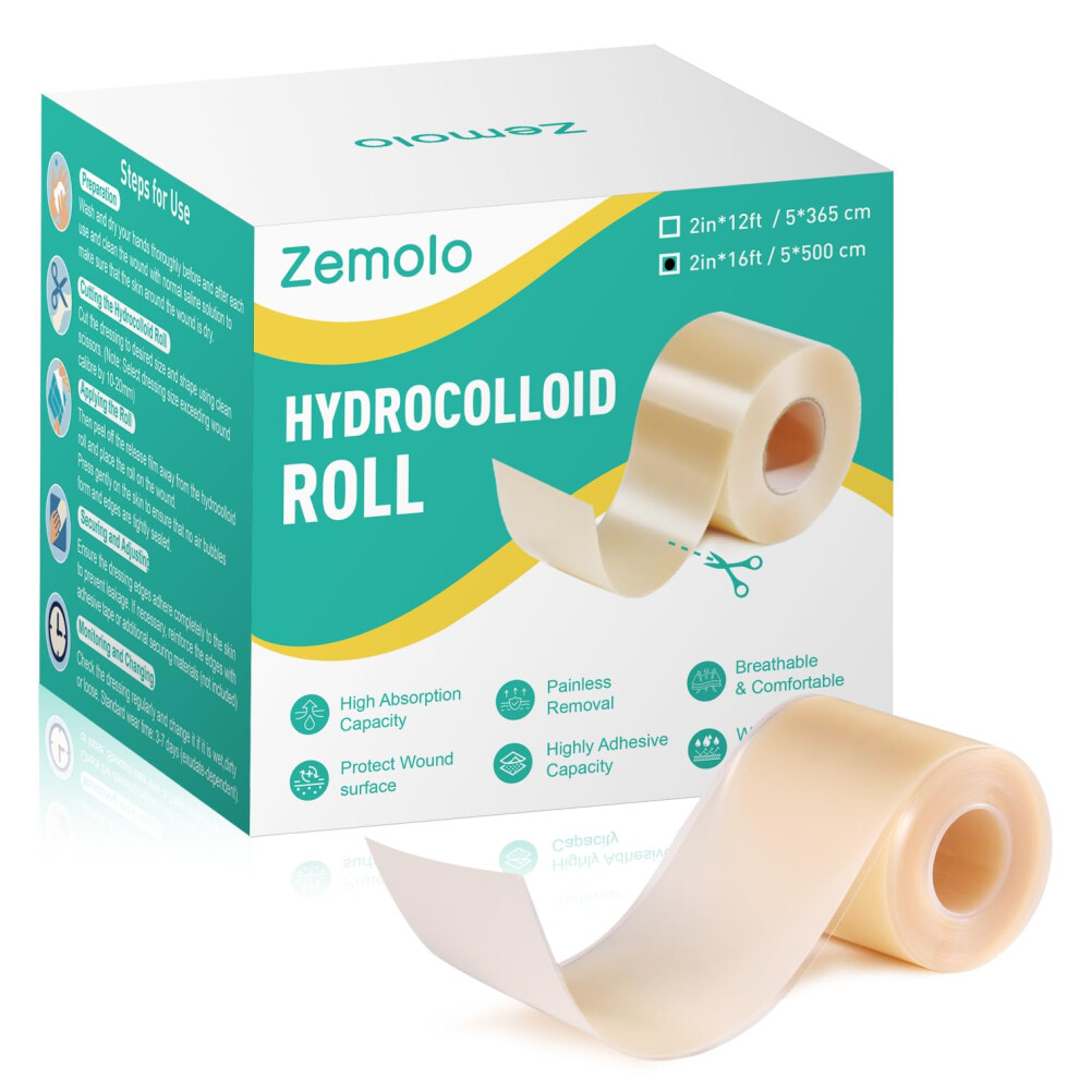 Zemolo Hydrocolloid Dressing Roll 5Cmx5m, Self-Adhesive Wound Dressing Pads Waterproof & Flexible Hydrocolloid Bandages Highly Absorbent Dressing Tap