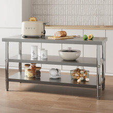 DKIEI Three-layer Stainless Steel Kitchen Catering Table, Heavy Duty Food Prep Workbench, 150 x 60 x 80cm Commercial Food Preparation Work Tables for