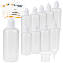 Hinrichs 10 x 100ml Squeeze Bottle with funnel measuring beaker and 10 labels - measure store liquids - child-proof lock - Squeezy Bottles LDPE mater