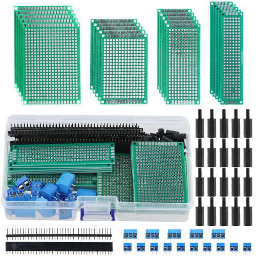 QWORK 75Pcs PCB Board Set, Double Sided Prototype Circuit Boards with Male/Female Header, Screw Terminal Connectors & Nylon Column