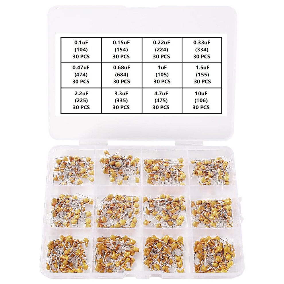 Yixisi 360 Pcs 12 Values 0.1Uf-10Uf 50V Ceramic Capacitor Assortment Kit, Multilayer Monolithic Ceramic Chip Capacitors 56266559