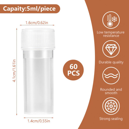 60 Pcs 5ml Plastic Test Tubes with Lid, Plastic Sample Bottles, Small Test Vials, Translucent Storage Test Tube Sample Vials, Sample Container with L 1