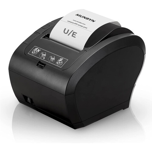 MUNBYN POS Receipt Printer USB Ethernet 80MM Thermal Printer, Black Supermarket Kitchen with Auto Cutter Support Cash Drawer, Windows, Mac, Linux, an