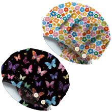 DELORIGIN 2Pcs Black Colorful Butterfly Bouffant Scrub Caps for Women Men Flowers Cotton Nursing Working Caps with Button and Sweatband Adjustable El