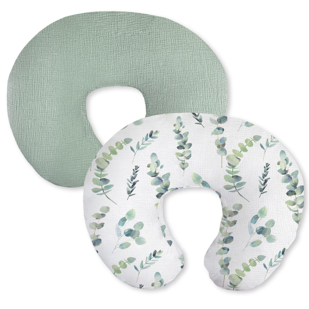 100% Cotton Muslin Nursing Pillow Cover Set 2 Pack, Breathable Baby Breastfeeding Pillow Slipcovers, Leaves and Green